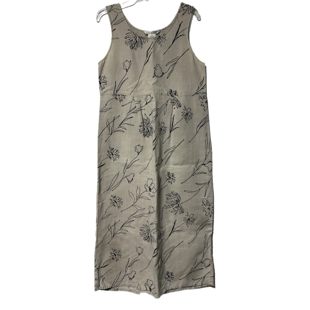Vtg John Paul Richard Sleeveless Linen Artsy Lagenlook Tan Flower Maxi Dress M - Picture 2 of 7